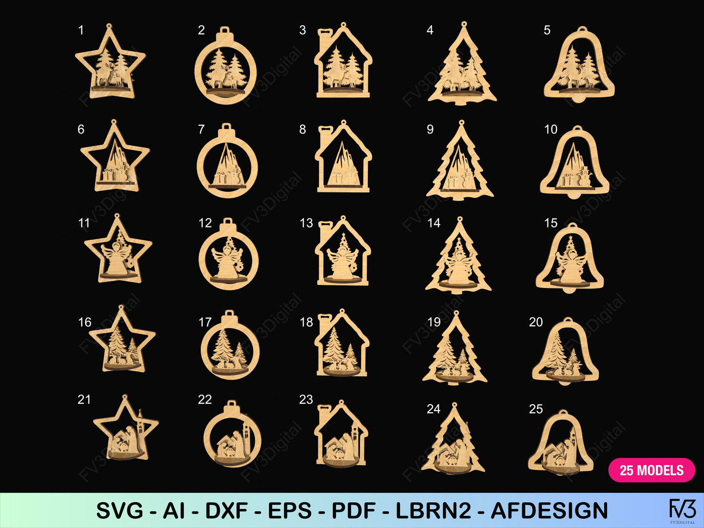 Laser Cut Files Bundle: 25 Unique 3D Christmas Ornaments, Ideal for DIY Holiday Crafts, Custom Gifts, and Festive Home Decoration Projects!