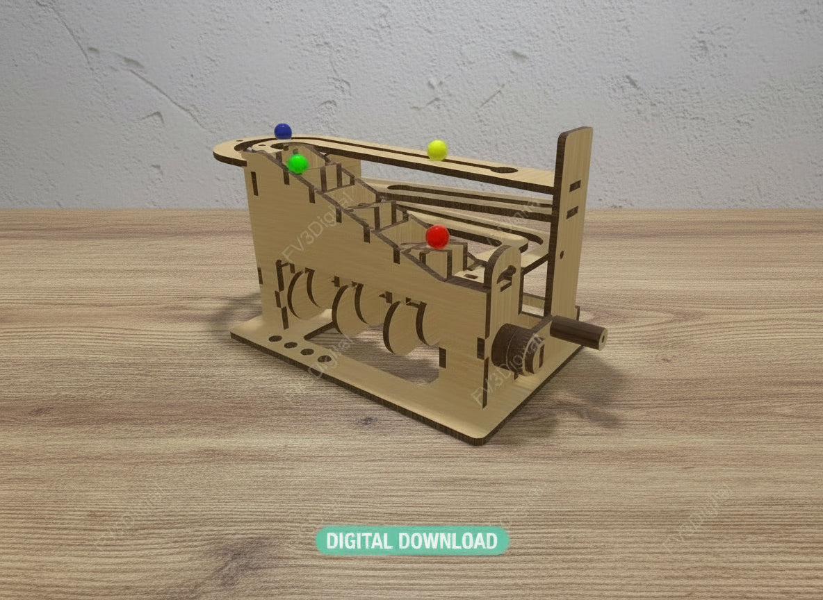 Marble Run Laser Cut File – DIY Kinetic Mechanical Desk Toy | 3mm, 4mm & 1/8” Plans