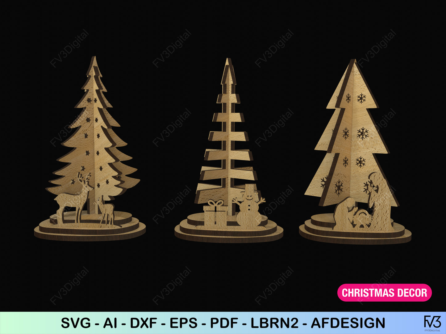 Laser Cut Files - 3 Standing Christmas Trees DIY Holiday Decor for Laser Cutting Machines - 3mm, 4mm, 5mm, 1/8 Inch Material