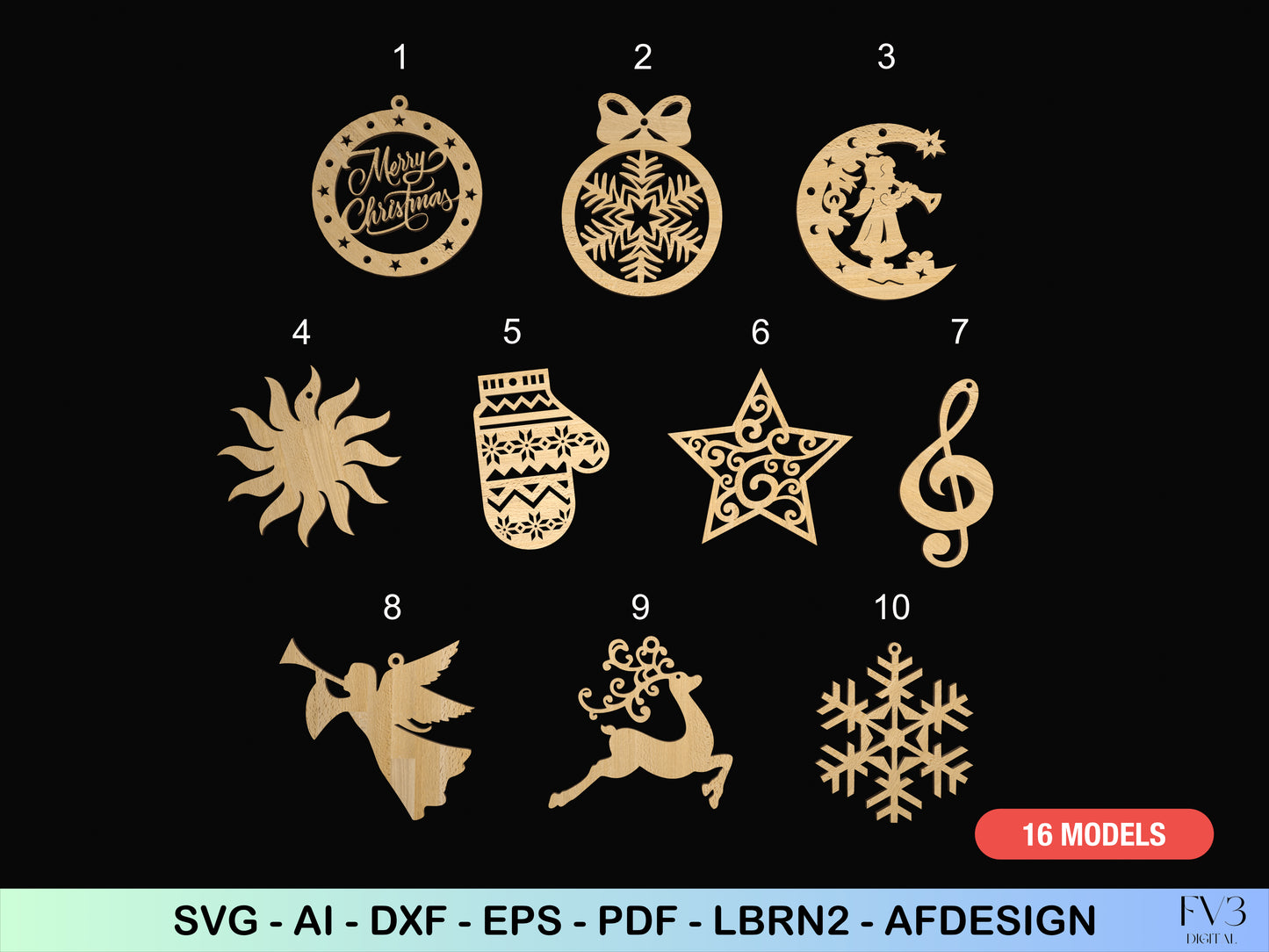 Christmas Tree Ornaments Laser Cut Files Bundle - 10 Unique Christmas Motif Designs - DIY Digital Download Holiday Home Decor
