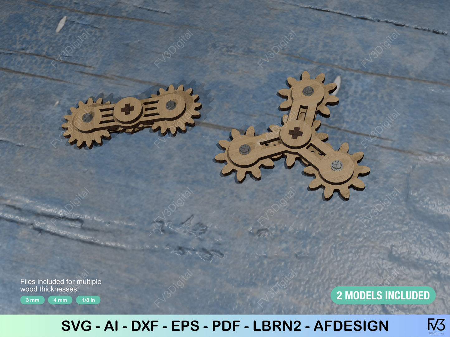 Laser Cut Files Fidget Spinner with Gears – DIY Mechanical Toy for Stress Relief, STEM Learning & Fun Hand Gadget. Two models included.
