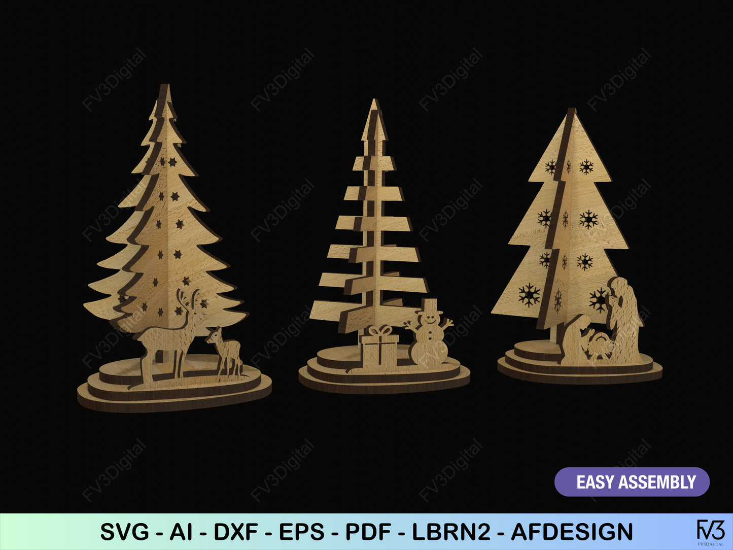 Laser Cut Files - 3 Standing Christmas Trees DIY Holiday Decor for Laser Cutting Machines - 3mm, 4mm, 5mm, 1/8 Inch Material