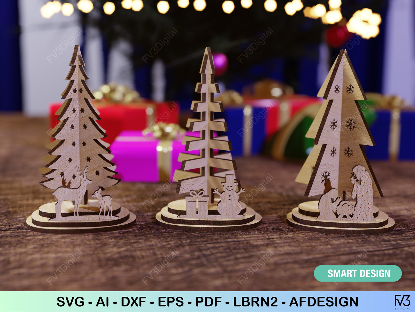 Laser Cut Files - 3 Standing Christmas Trees DIY Holiday Decor for Laser Cutting Machines - 3mm, 4mm, 5mm, 1/8 Inch Material