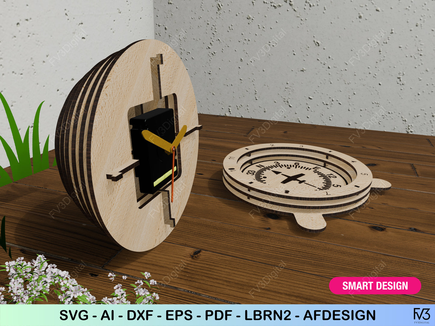 Clock laser cut files - 3D Aviation inspired design with 6 classic flight instrument sphere options. Desk clock design laser cut files.