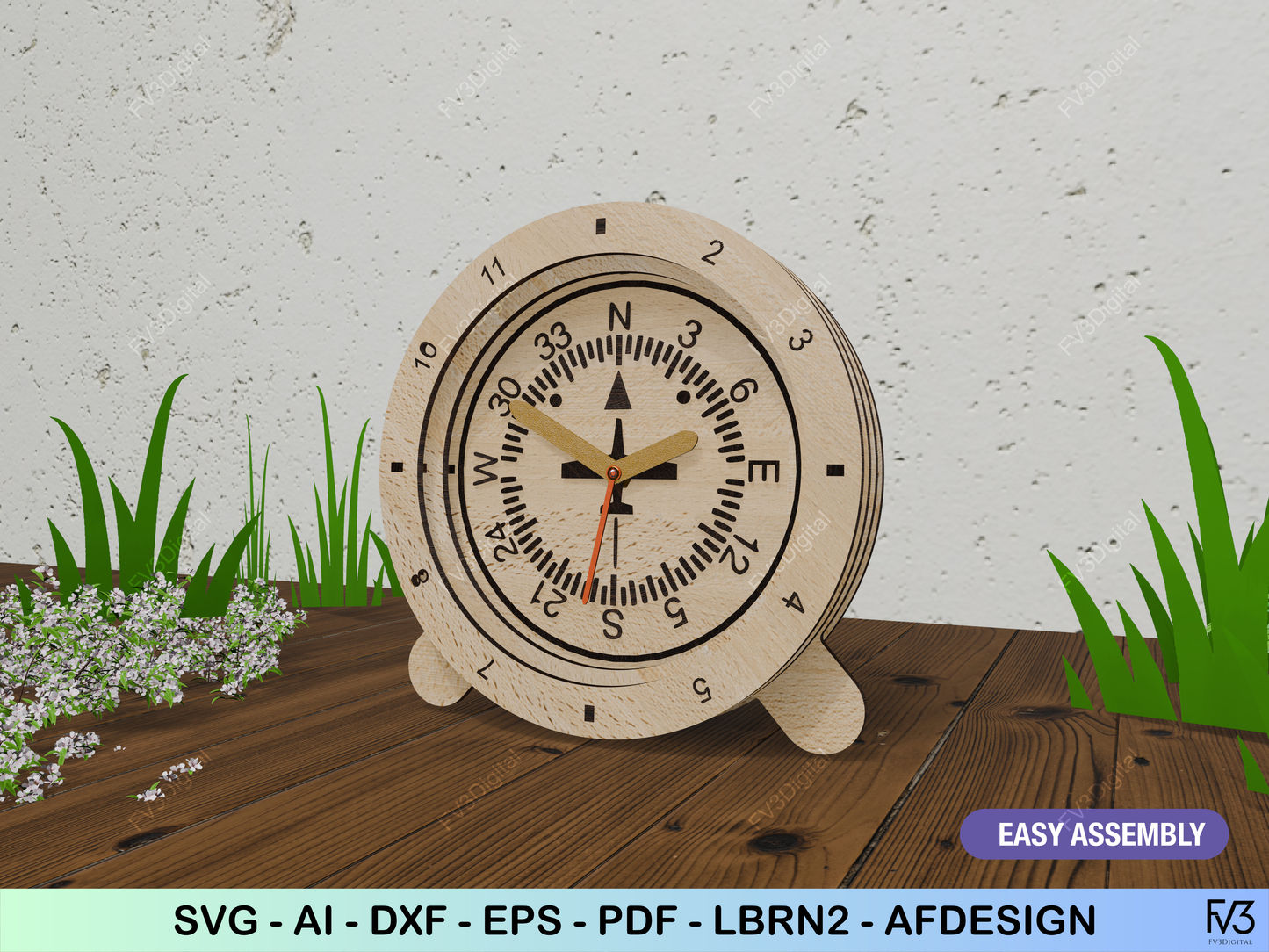 Clock laser cut files - 3D Aviation inspired design with 6 classic flight instrument sphere options. Desk clock design laser cut files.