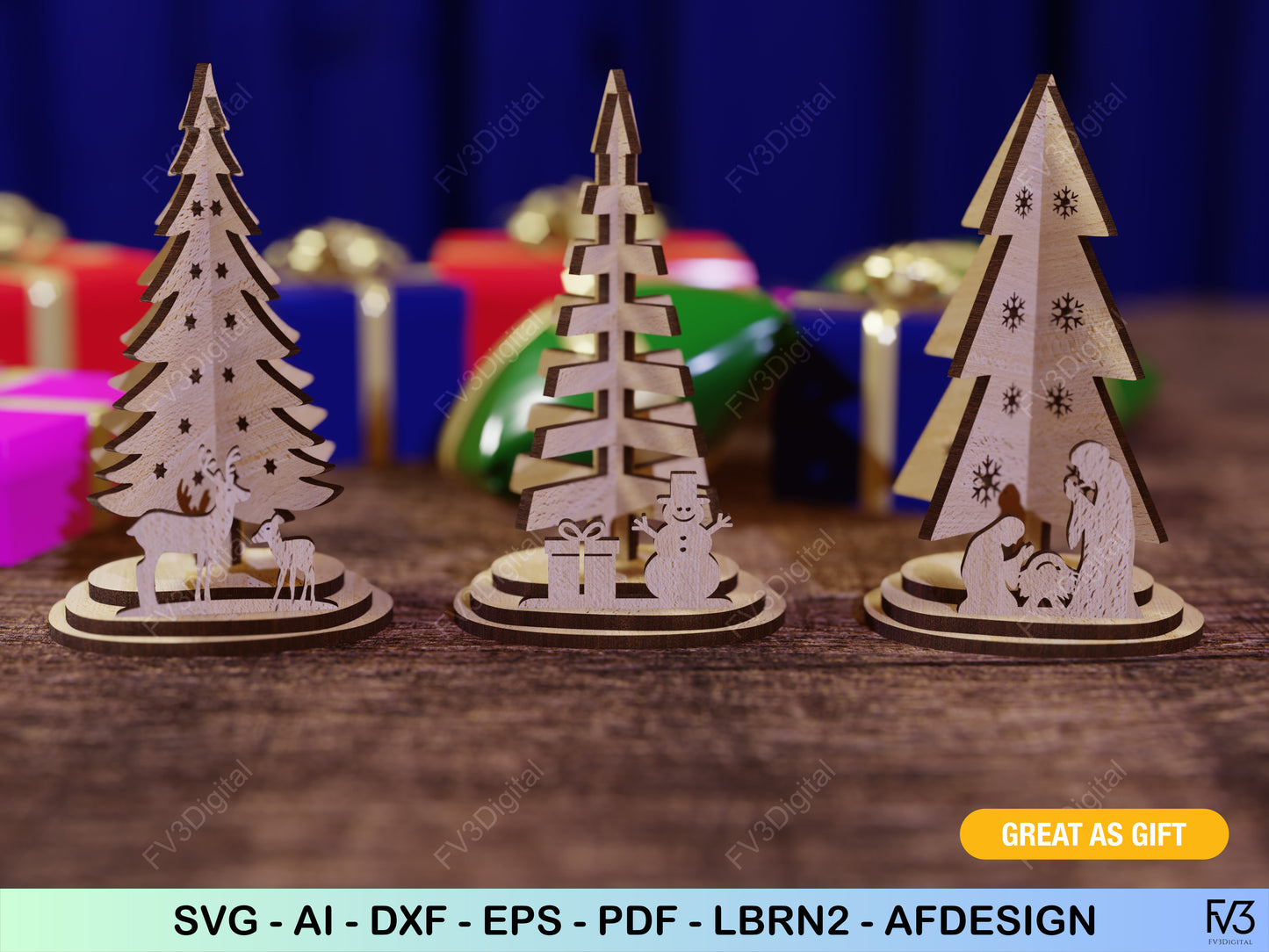 Laser Cut Files - 3 Standing Christmas Trees DIY Holiday Decor for Laser Cutting Machines - 3mm, 4mm, 5mm, 1/8 Inch Material