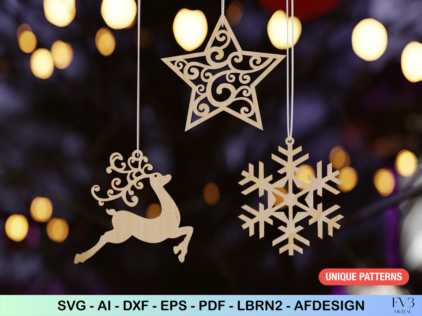 Christmas Tree Ornaments Laser Cut Files Bundle - 10 Unique Christmas Motif Designs - DIY Digital Download Holiday Home Decor