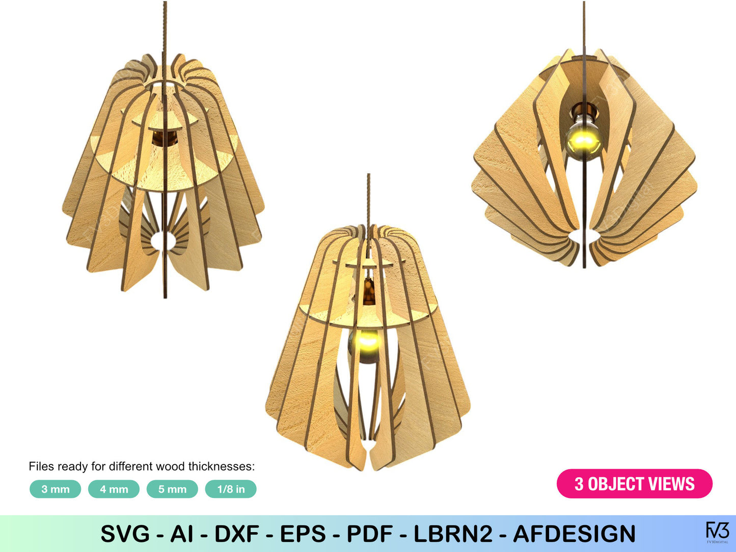 Laser Cut Files for 3D Geometric Pendant Lamp ā Files ready for 3mm, 4mm, 5mm, and 1/8" Wood. Modern Design for Home or Office Decor.