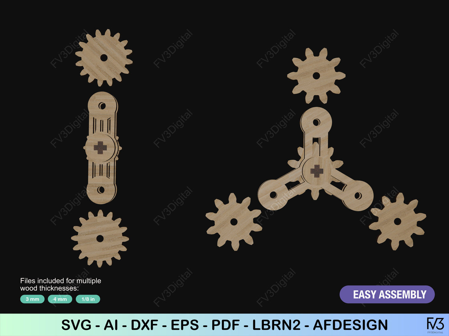 Laser Cut Files Fidget Spinner with Gears – DIY Mechanical Toy for Stress Relief, STEM Learning & Fun Hand Gadget. Two models included.