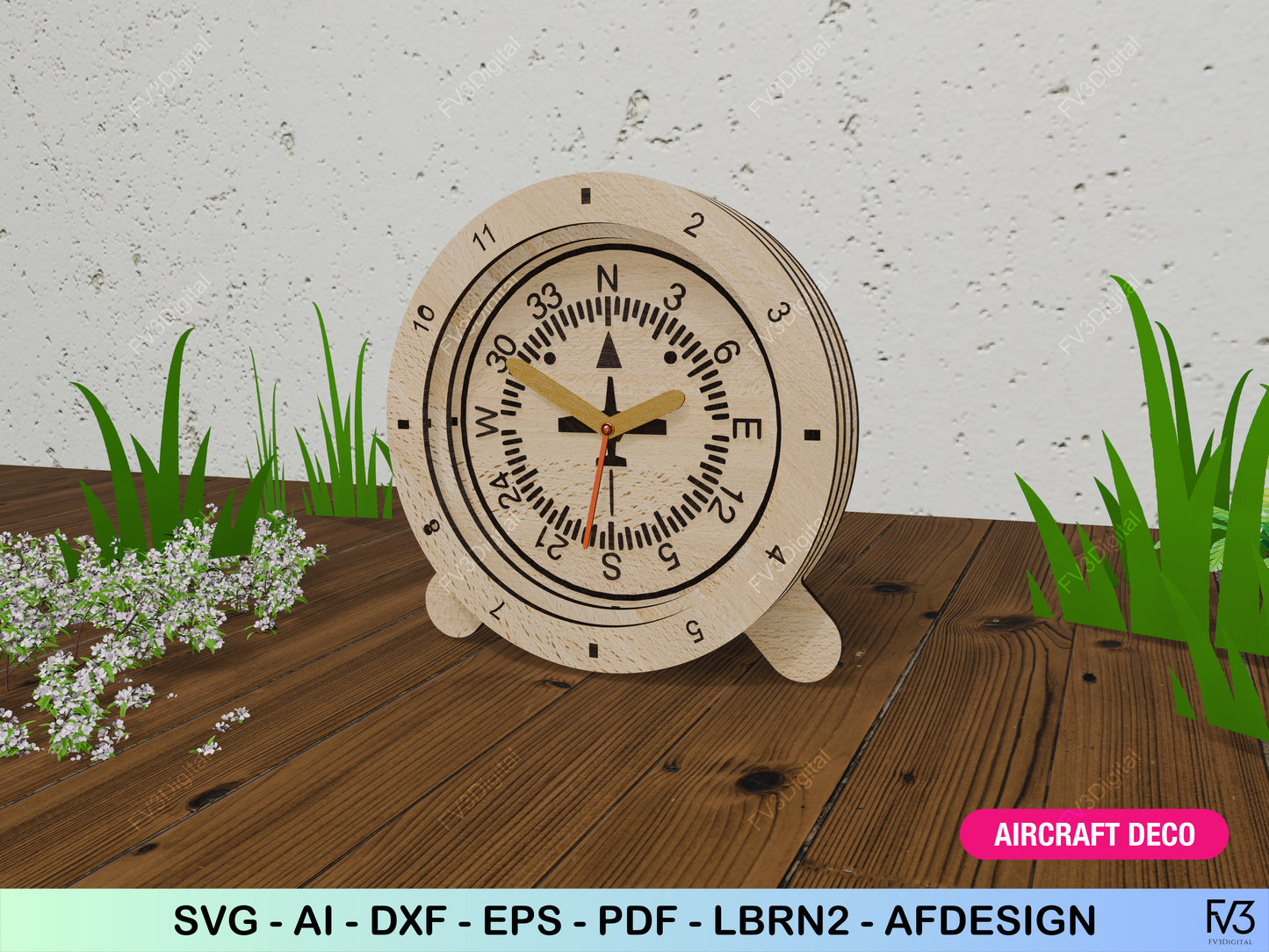 Clock laser cut files - 3D Aviation inspired design with 6 classic flight instrument sphere options. Desk clock design laser cut files.