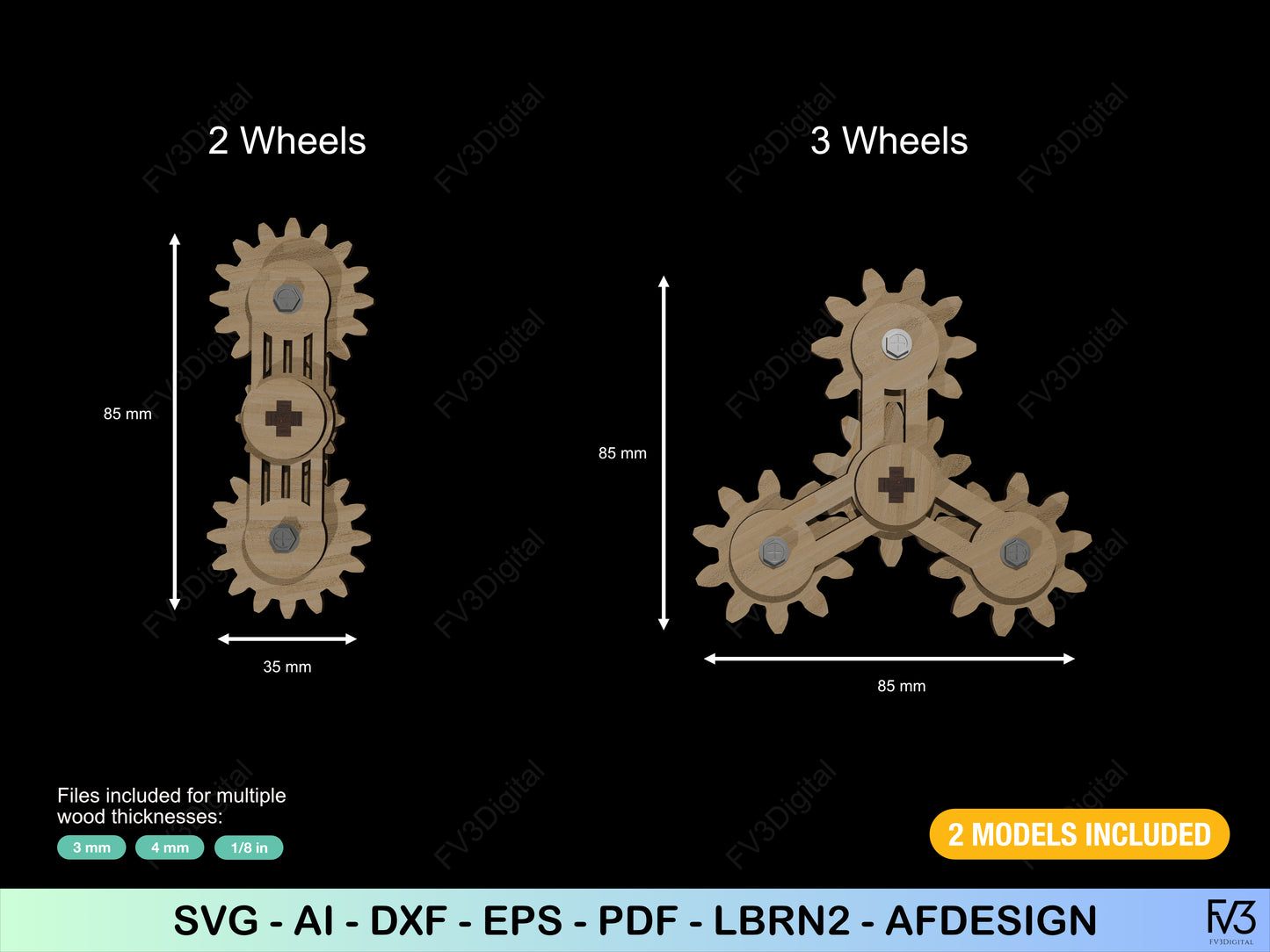 Laser Cut Files Fidget Spinner with Gears – DIY Mechanical Toy for Stress Relief, STEM Learning & Fun Hand Gadget. Two models included.