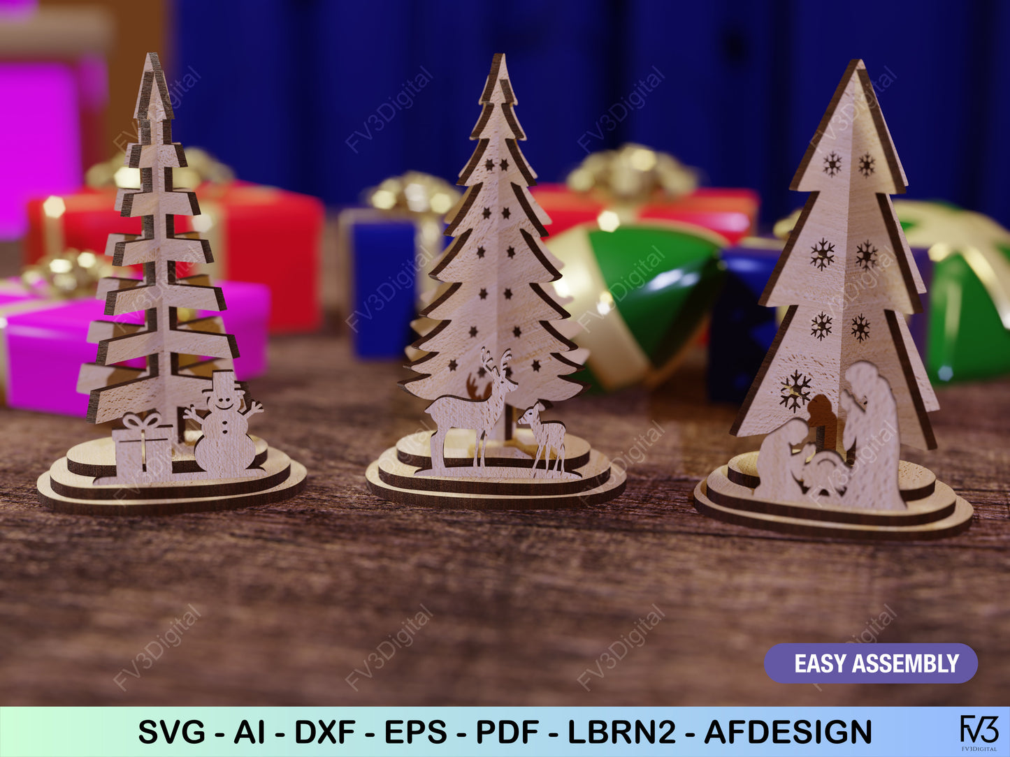 Laser Cut Files - 3 Standing Christmas Trees DIY Holiday Decor for Laser Cutting Machines - 3mm, 4mm, 5mm, 1/8 Inch Material