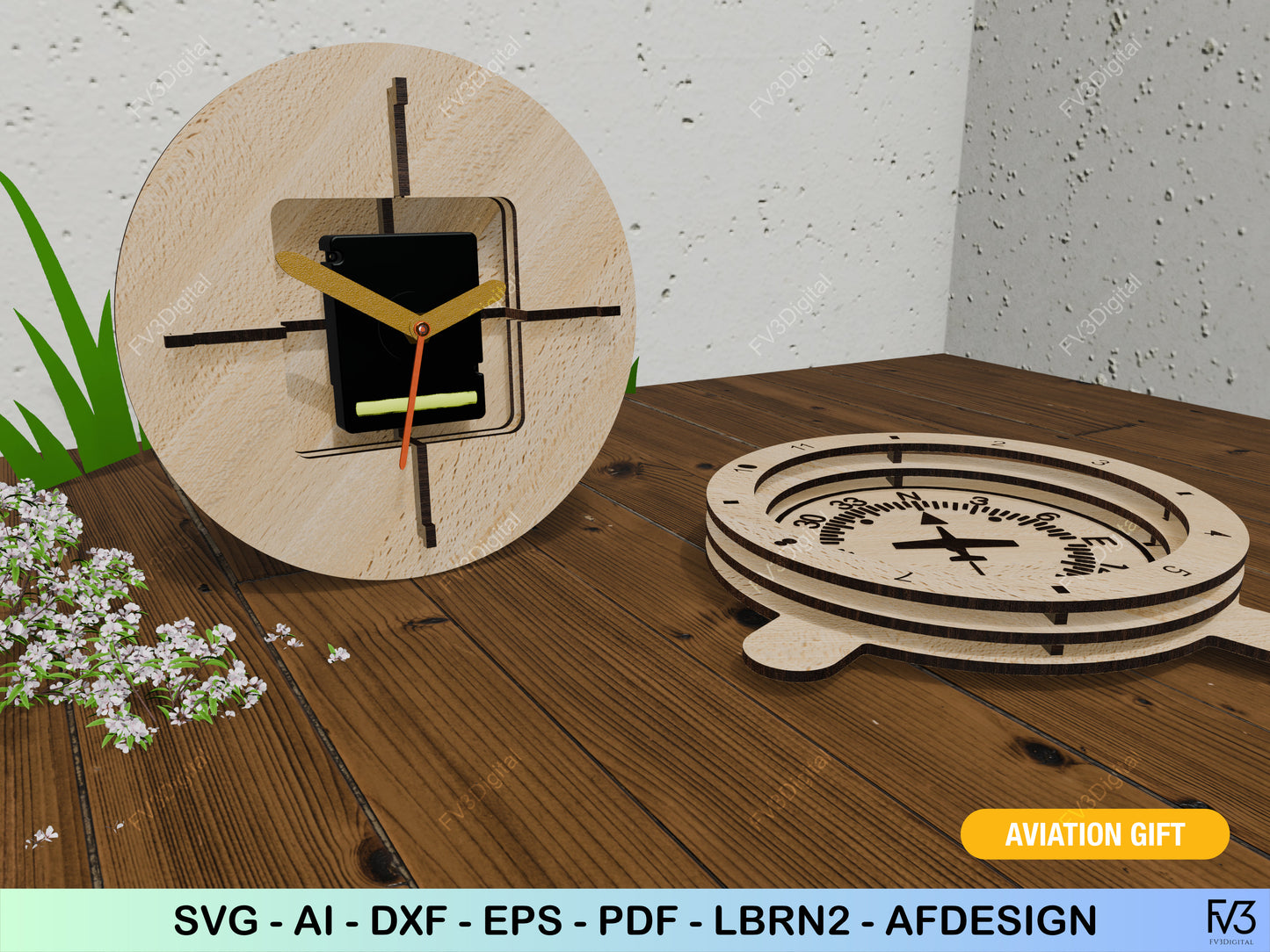 Clock laser cut files - 3D Aviation inspired design with 6 classic flight instrument sphere options. Desk clock design laser cut files.