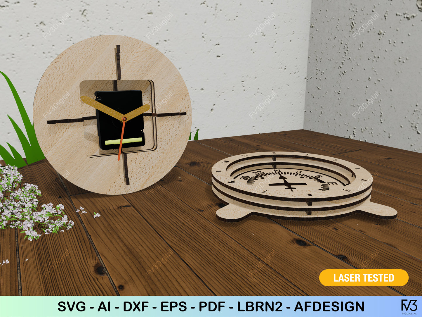 Clock laser cut files - 3D Aviation inspired design with 6 classic flight instrument sphere options. Desk clock design laser cut files.