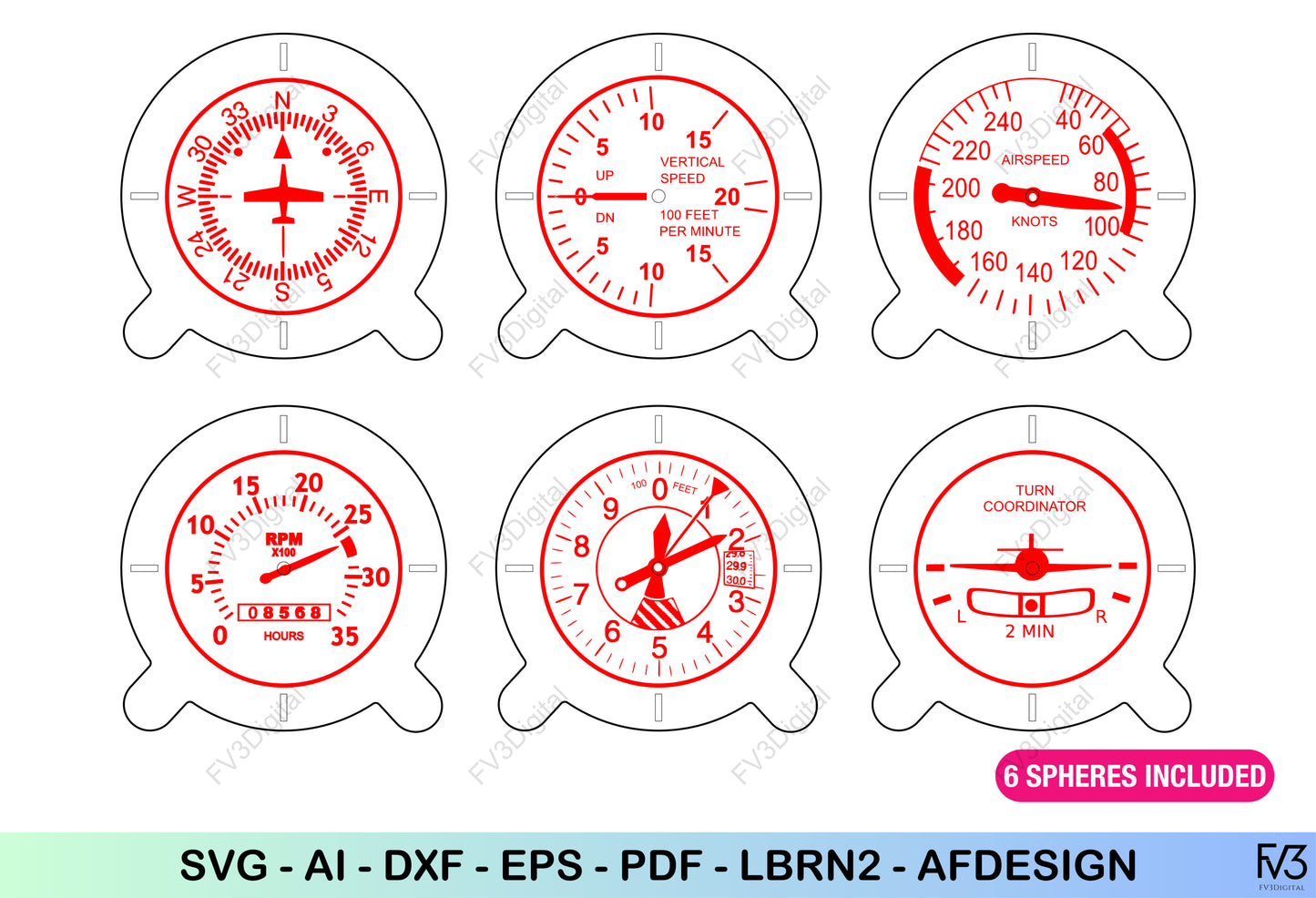 Clock laser cut files - 3D Aviation inspired design with 6 classic flight instrument sphere options. Desk clock design laser cut files.