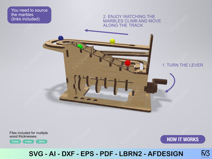 Marble Run Laser Cut File – DIY Kinetic Desk Toy | 3mm, 4mm, and 1/8” Plans