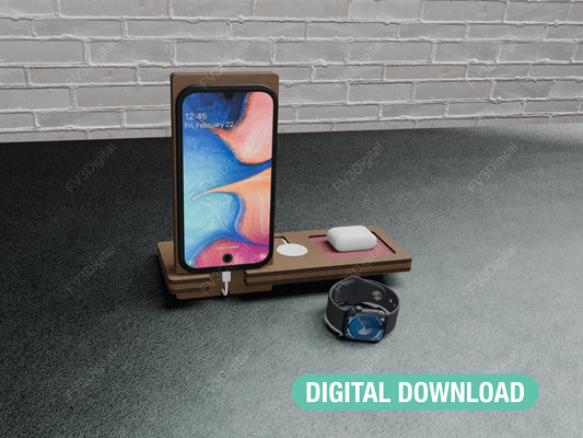 Laser cut files for docking station. Stand for phone, smartwatch charger and headset box. Easy to assemble docking station svg files.