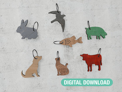 Laser Cut Files to create 7 Unique Animal Key Ring Holders Minimalist Design DIY Gift Idea for Crafters Digital Download Animal Key Holder