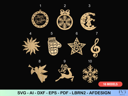 Christmas Tree Ornaments Laser Cut Files Bundle - 10 Unique Christmas Motif Designs - DIY Digital Download Holiday Home Decor
