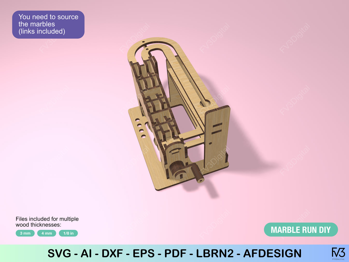 Marble Run Laser Cut File – DIY Kinetic Desk Toy | 3mm, 4mm, and 1/8” Plans