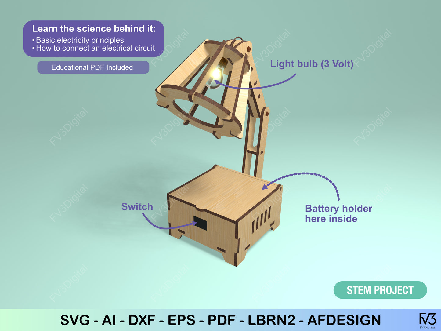 DIY Wooden Lamp Laser Cut Files – STEM Electricity Project for Kids – Educational Circuit Build – Digital Download SVG