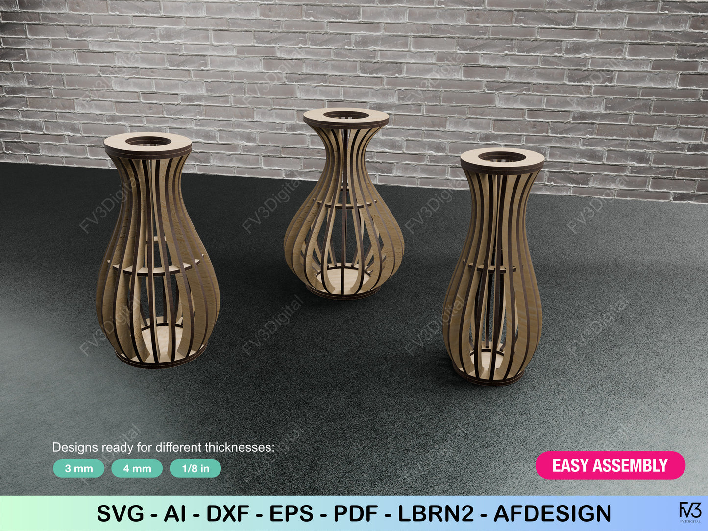 Laser cut vase bundle: 3 Unique Models - Instant download of files. Set of 3 Vase Laser Cut Patterns for DIY Home Decor Projects.