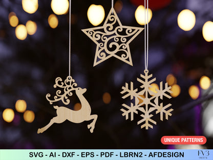 Christmas Tree Ornaments Laser Cut Files Bundle - 10 Unique Christmas Motif Designs - DIY Digital Download Holiday Home Decor