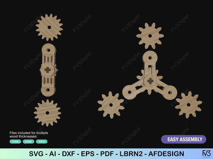 Laser Cut Files Fidget Spinner with Gears – DIY Mechanical Toy for Stress Relief, STEM Learning & Fun Hand Gadget. Two models included.