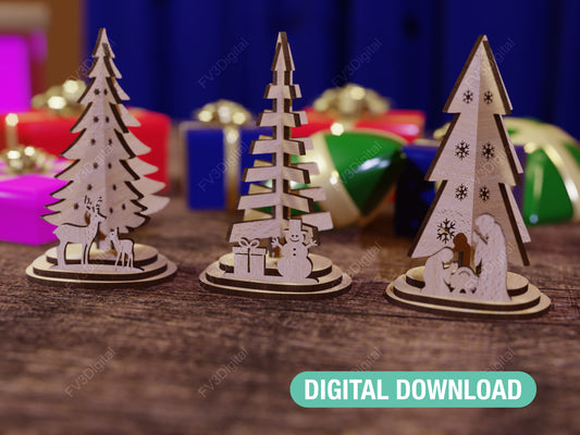 Laser Cut Files - 3 Standing Christmas Trees DIY Holiday Decor for Laser Cutting Machines - 3mm, 4mm, 5mm, 1/8 Inch Material