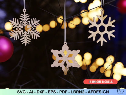 Snowflake Ornament Laser Cut Files - Bundle with 16 Christmas Tree Decorations - DIY Holiday Home Decor Digital Download for Laser Cutting