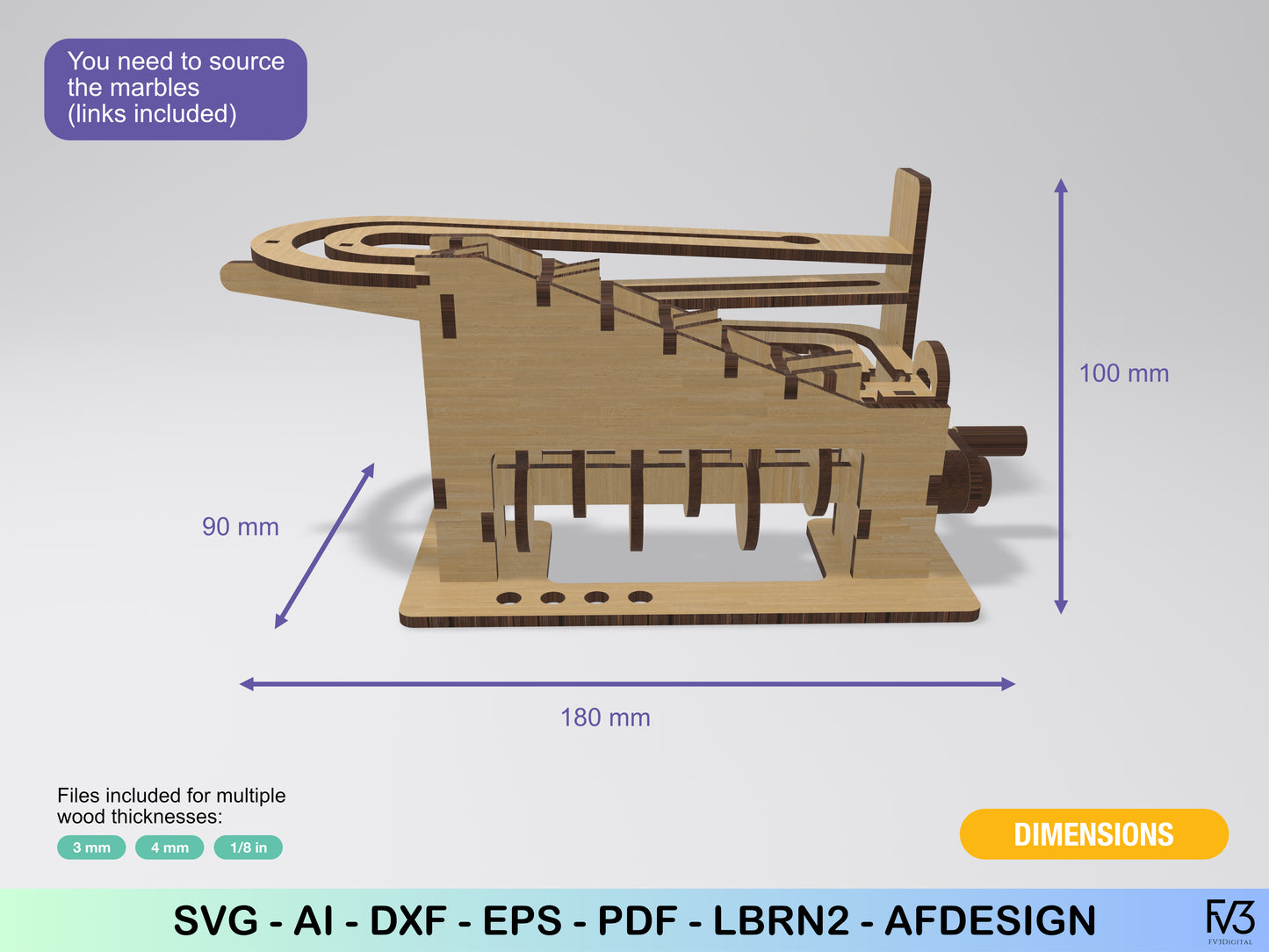 Marble Run Laser Cut File – DIY Kinetic Desk Toy | 3mm, 4mm, and 1/8” Plans