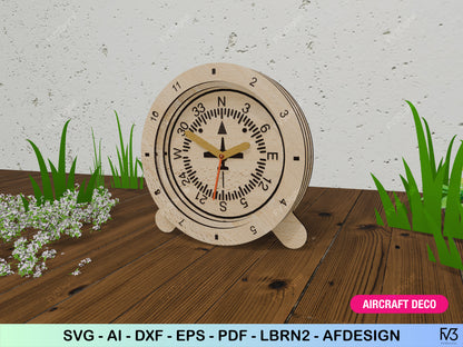 Clock laser cut files - 3D Aviation inspired design with 6 classic flight instrument sphere options. Desk clock design laser cut files.