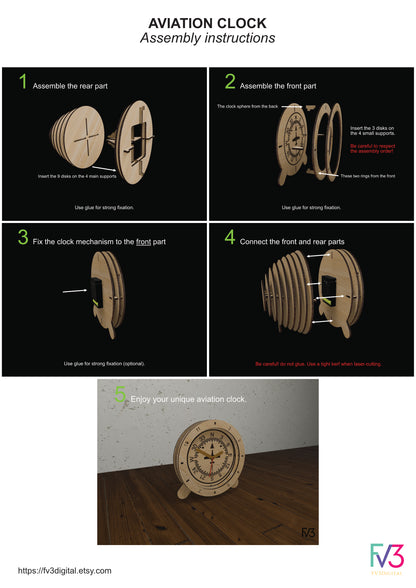 Clock laser cut files - 3D Aviation inspired design with 6 classic flight instrument sphere options. Desk clock design laser cut files.